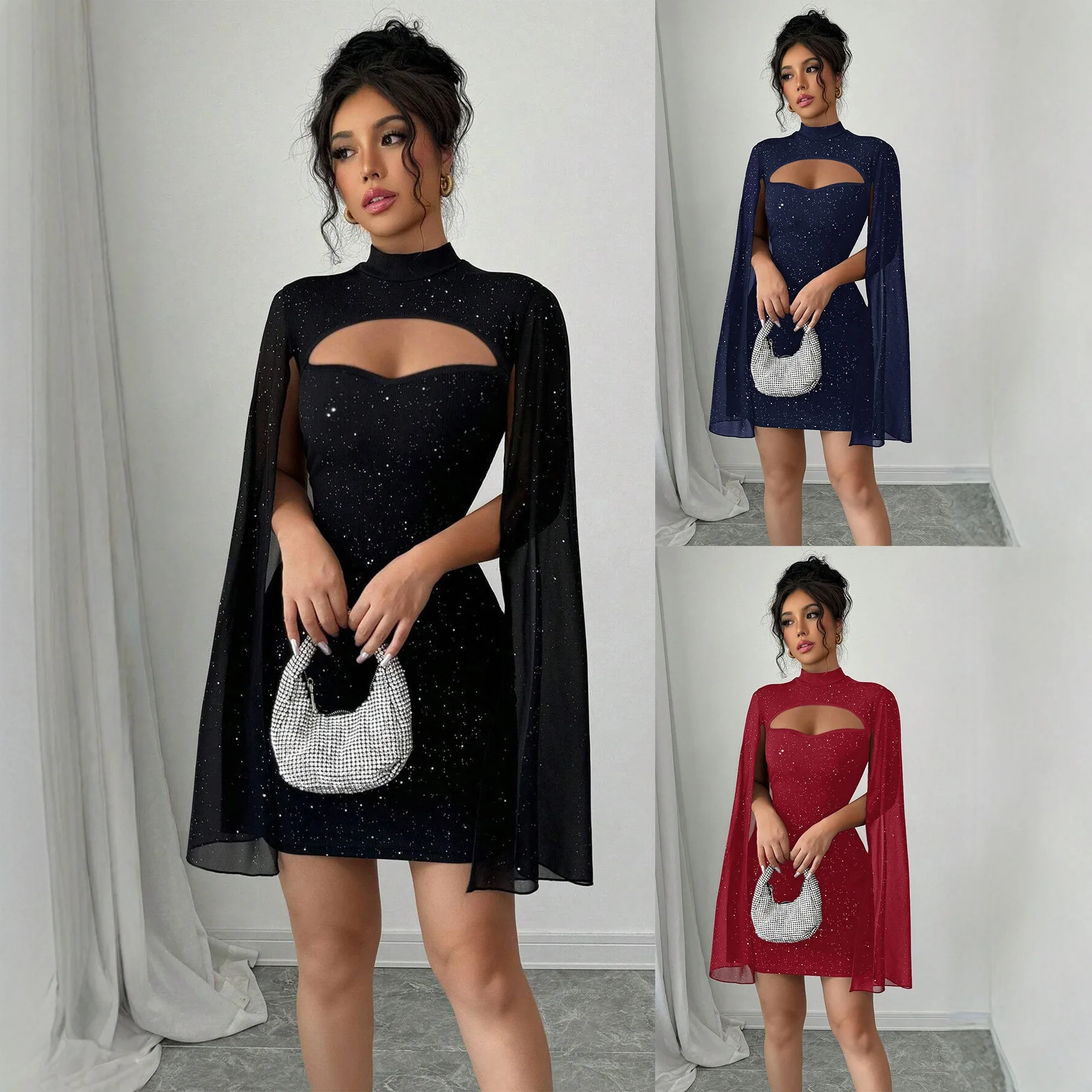 Ele High Waist Knitted Chiffon Pearl Embellied round Ne Bodycon Dr Women's Cross-Border Faion Summer Dr