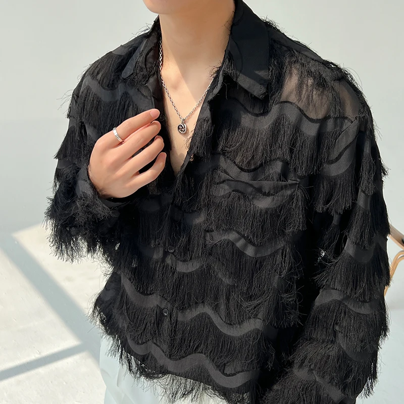 2025 Summer Men Black White Streetwear Hip Hop Shirt Men Tassels Party Night Club Men Shirts Male Long Sleeves Hollow Out Blouse