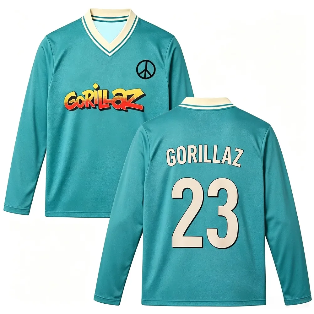 Gradient Gorillaz Peace Sign Printed V Neck T-shirt Summer Casual Mesh Breathable Fashion Long Sleeve Sports Tops for Men Women
