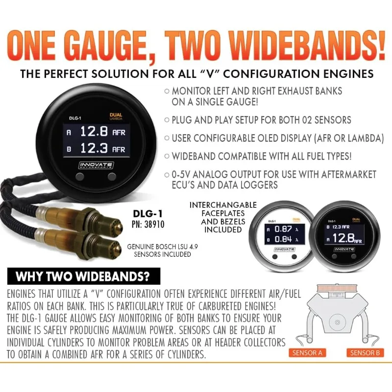 Motorsports 3891 38910 DLG-1 مجموعة قياس نسبة الهواء/الوقود ذات النطاق العريض المزدوج