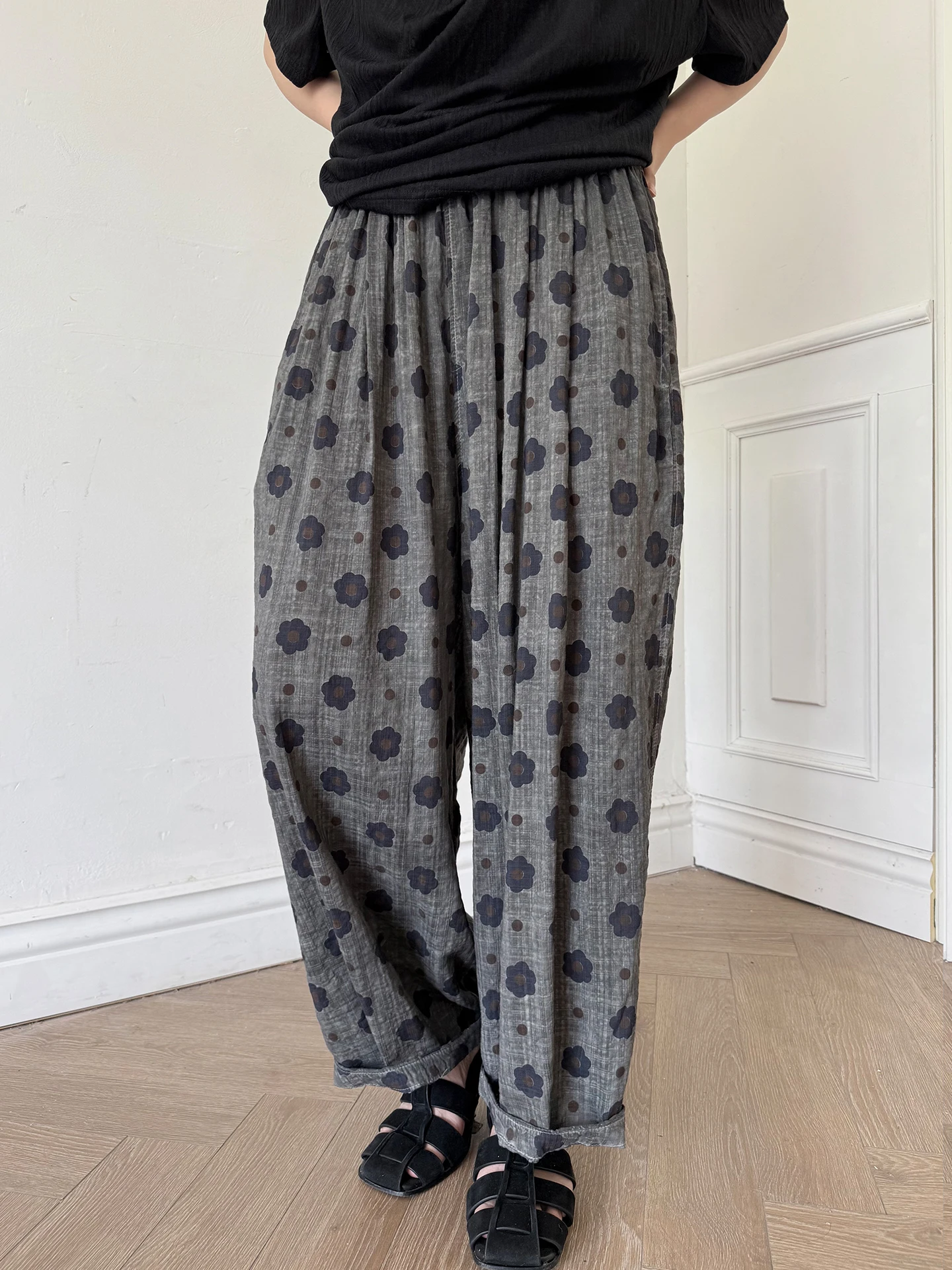 Original Washed Linen Wide Leg Pants Loose Fit Summer Casual Cotton Linen Blend Plant Floral Print Natural Waist Cuffed an Xia