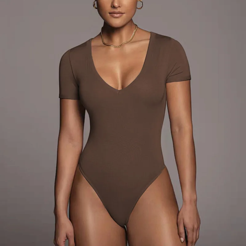 

Sexy Short Sleeve V-Neck Bodysuit Women's Fashion Tight-Fit One-Piece Suit Low Waist Five-Quarter Pants Other Fabric