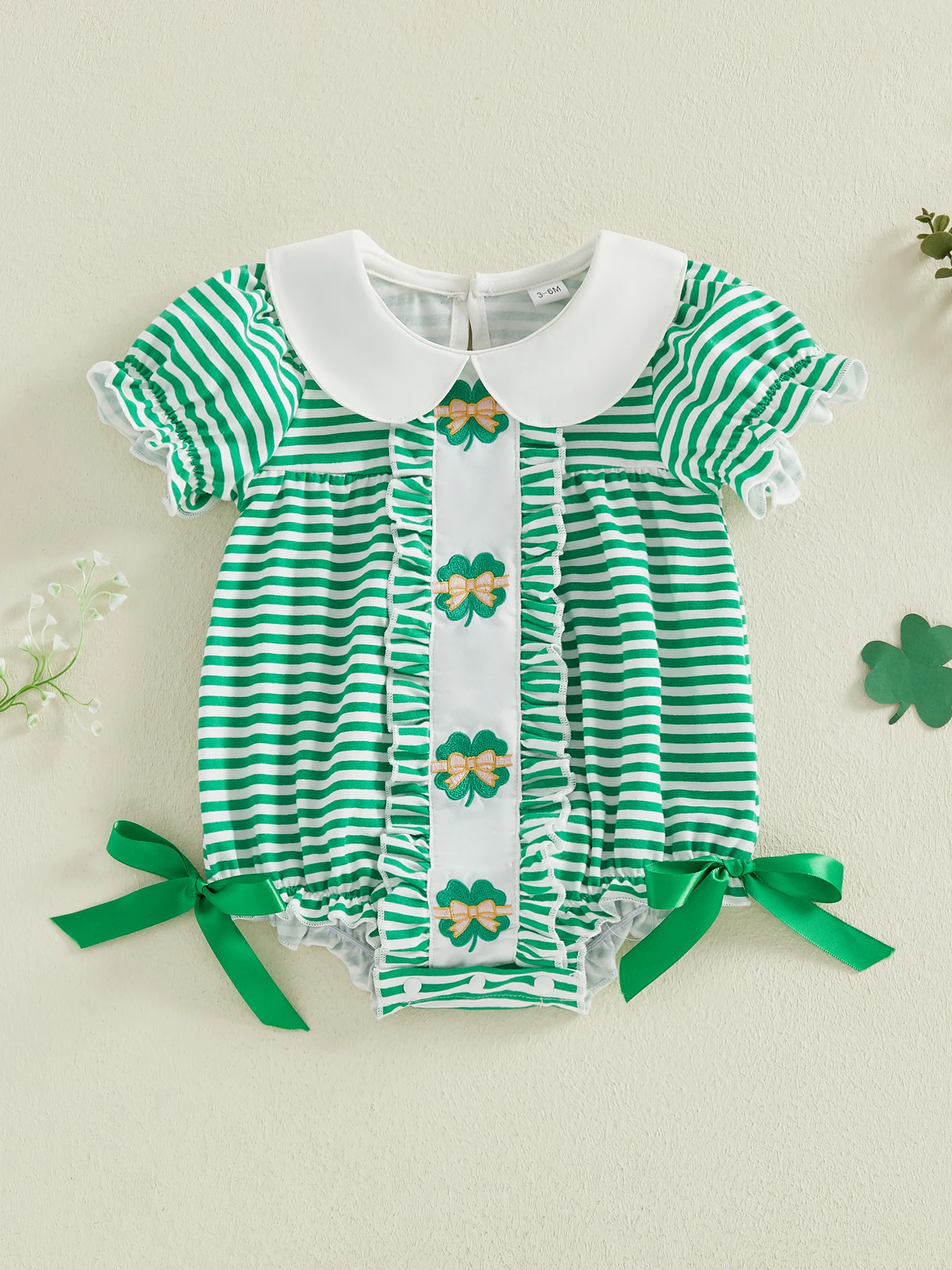 

Toddler Boy Irish Plaid Overall with Long Sleeve Peter Pan Collar and Clover Embroidery Playsuit for St Patrick s Day