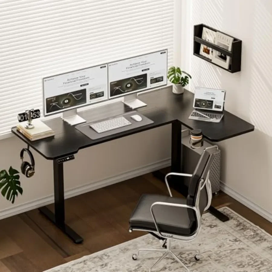 L Shaped Electric Standing Desk for home office, engineered wood in white, height-adjustable with dual motors and memory preset