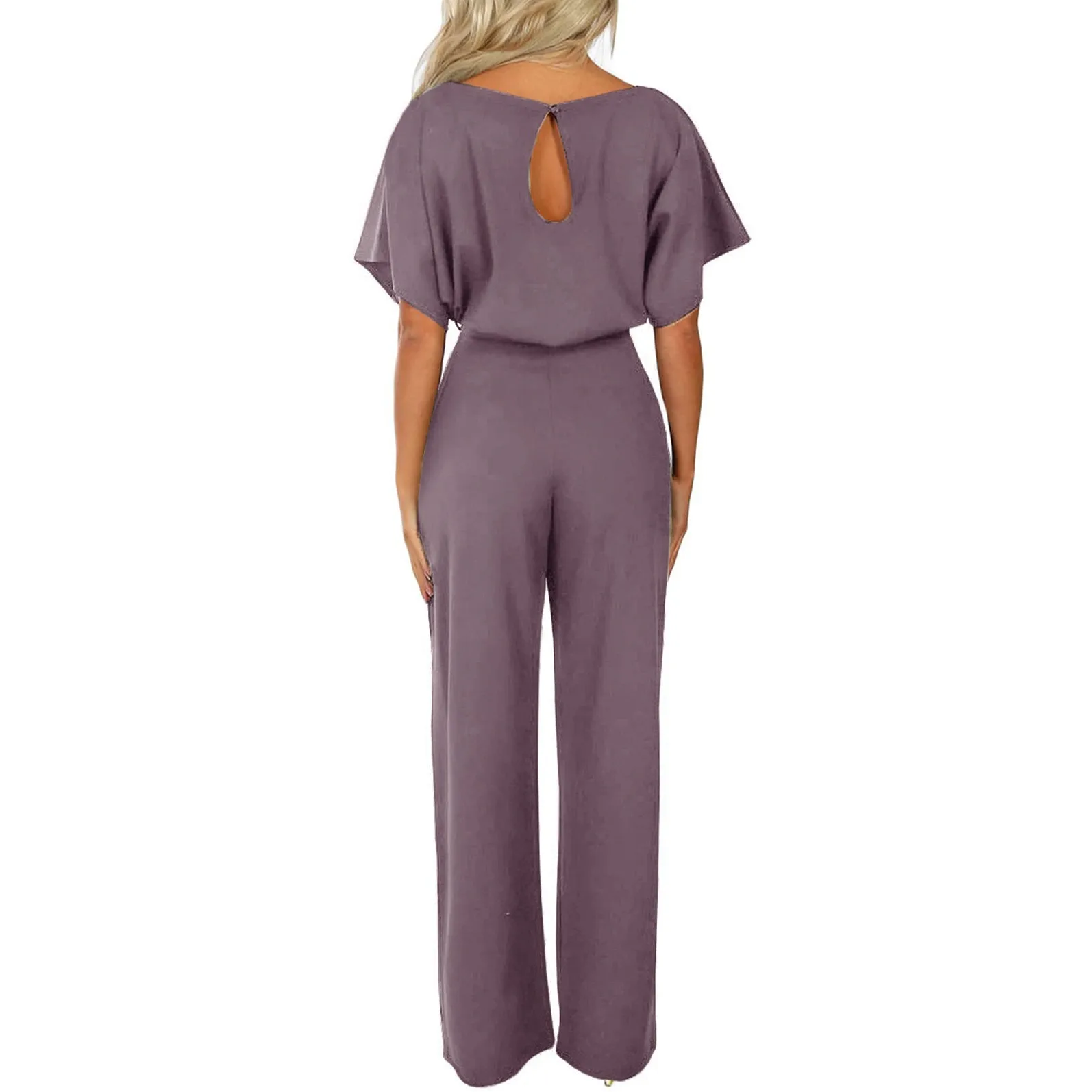 Mode Effen Kleur Veter Jumpsuit Korte Mouwen Ronde Hals Hoge Taille Jumpsuits Elegante Effen Rechte Pijpen Romper Vrouwen