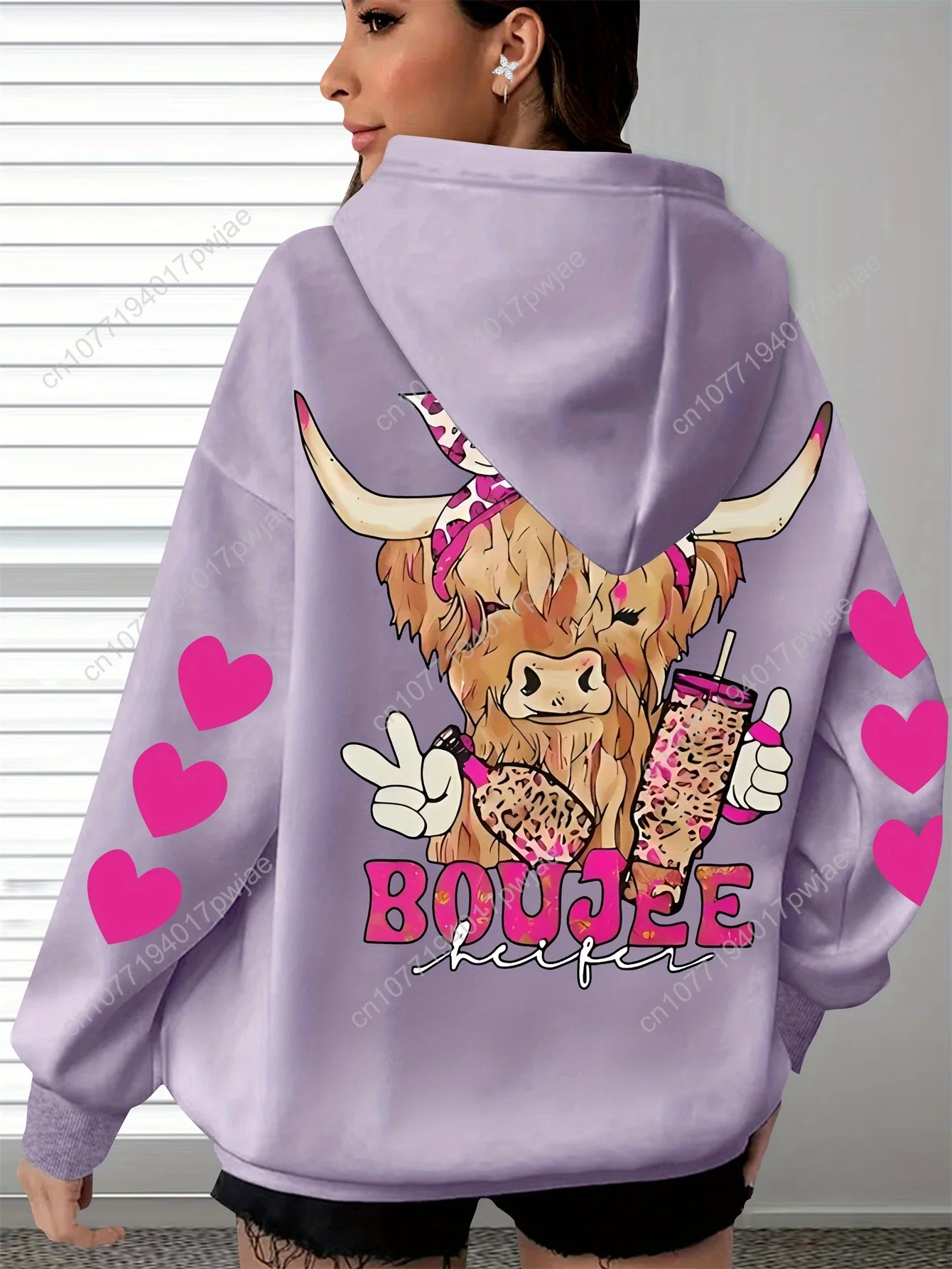 Sweat à capuche surdimensionné pour femme, grande taille, pour la Saint-Valentin, imprimé graphique de vache et de cœurs rose doux avec lettrage BOUJEE, pul polaire confortable