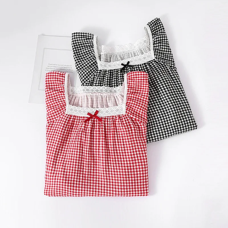 2025 Simple Plaid Pure Cotton Double-layer Gauze Nightdress Women's Summer Short-sleeved Thin Loose Home Skirt Classic Nightgown
