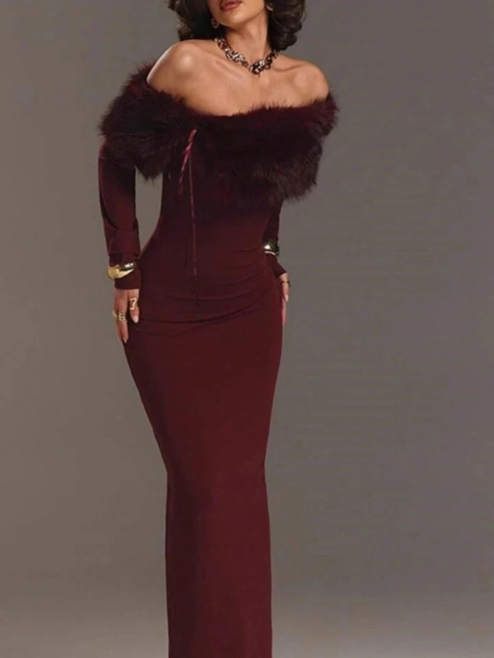 

Temperament Fur Collar Party Maxi Dress Sexy One-shoulder Slim Banquet Dress Spring Autumn New Women's High Waist Evening Dress