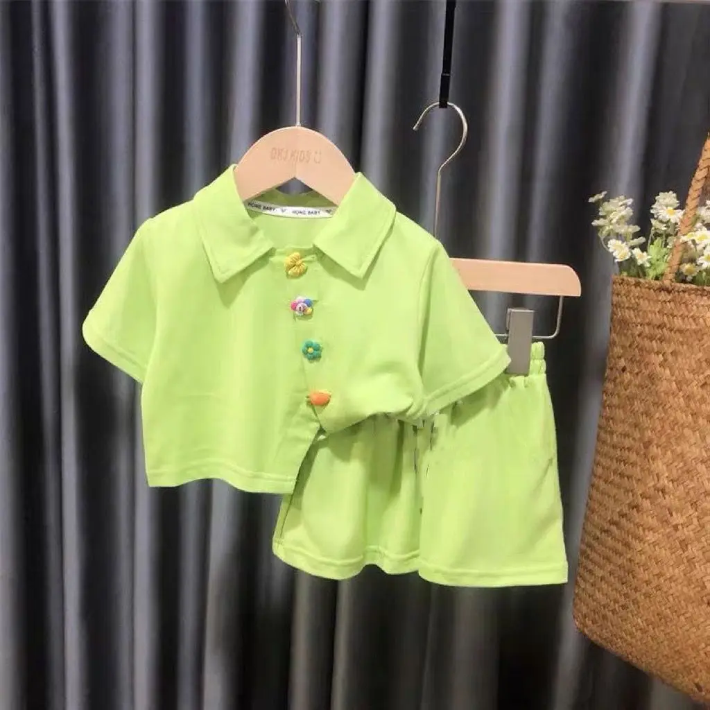 

Baby Girl Clothes Casual Suit Summer 2024 New Children's Outfit Style Kids Fashionable Summer Solid Color Pullover Two-piece Set