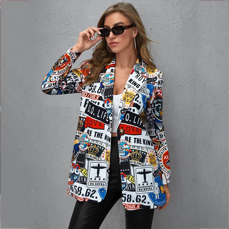 

Elegant Office Lady American Stylish Autumn Orange Comic Cartoon Cute Print Blazer Women Jacket Single Button Long Sleeve Blazer