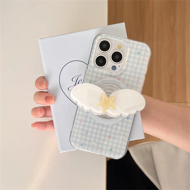 

Cute Star 3D Angel Wings Magsafe magnetic stand Griptok Phone case for iPhone 12 13 14 15 16 Pro Max wireless charging cover