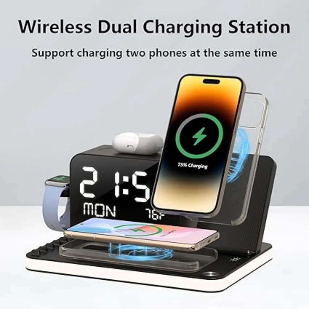 BezosMax Dual iPhone Wireless Charging Station 7 in 1 Fast Charger Stand with Clock Night Lights for Apple Watch iPhone 16/15/14