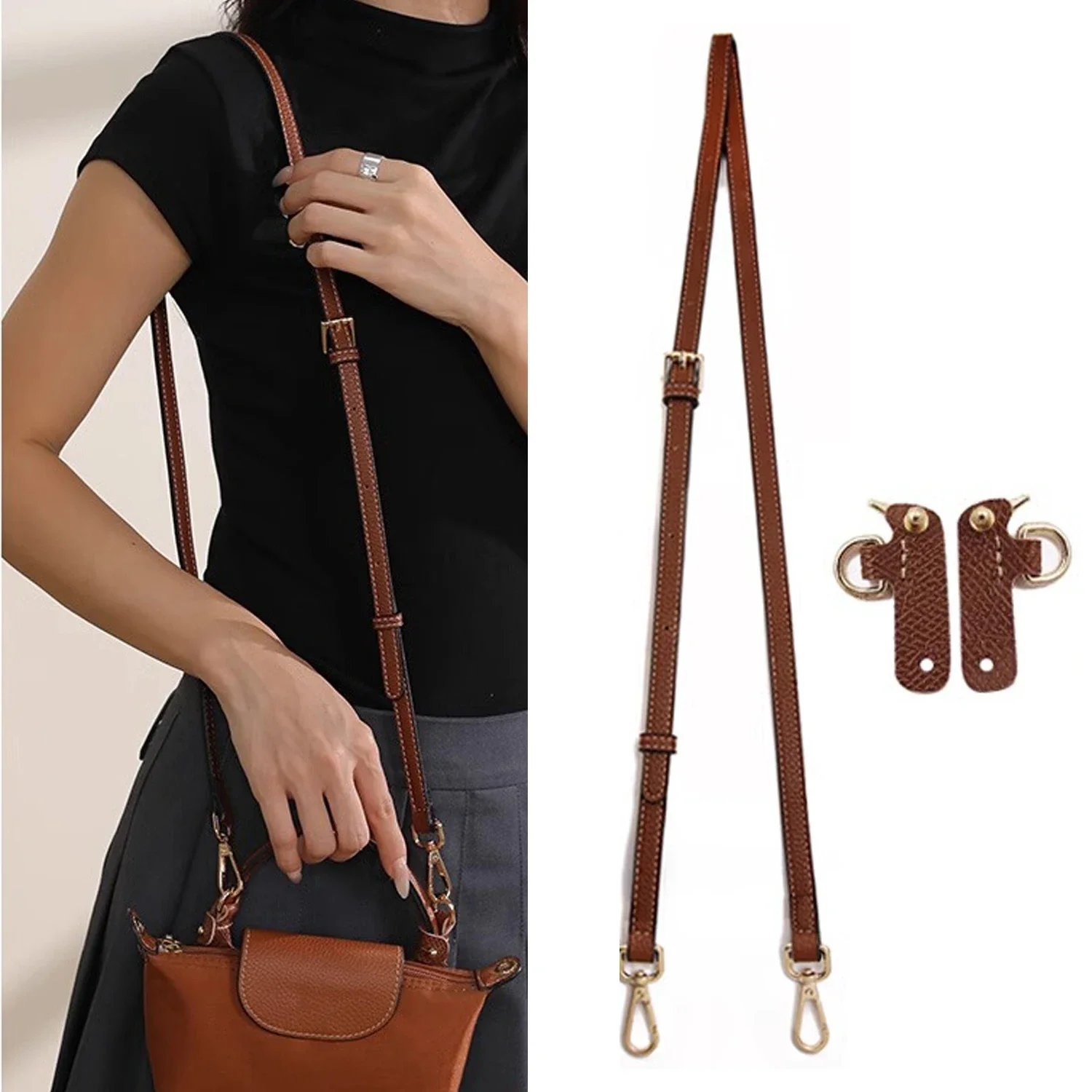 【Upgrade】Leather Replacement Crossbody Bag Strap, Fit for Longchamp Mini Shoulder Strap Without Punching Modification