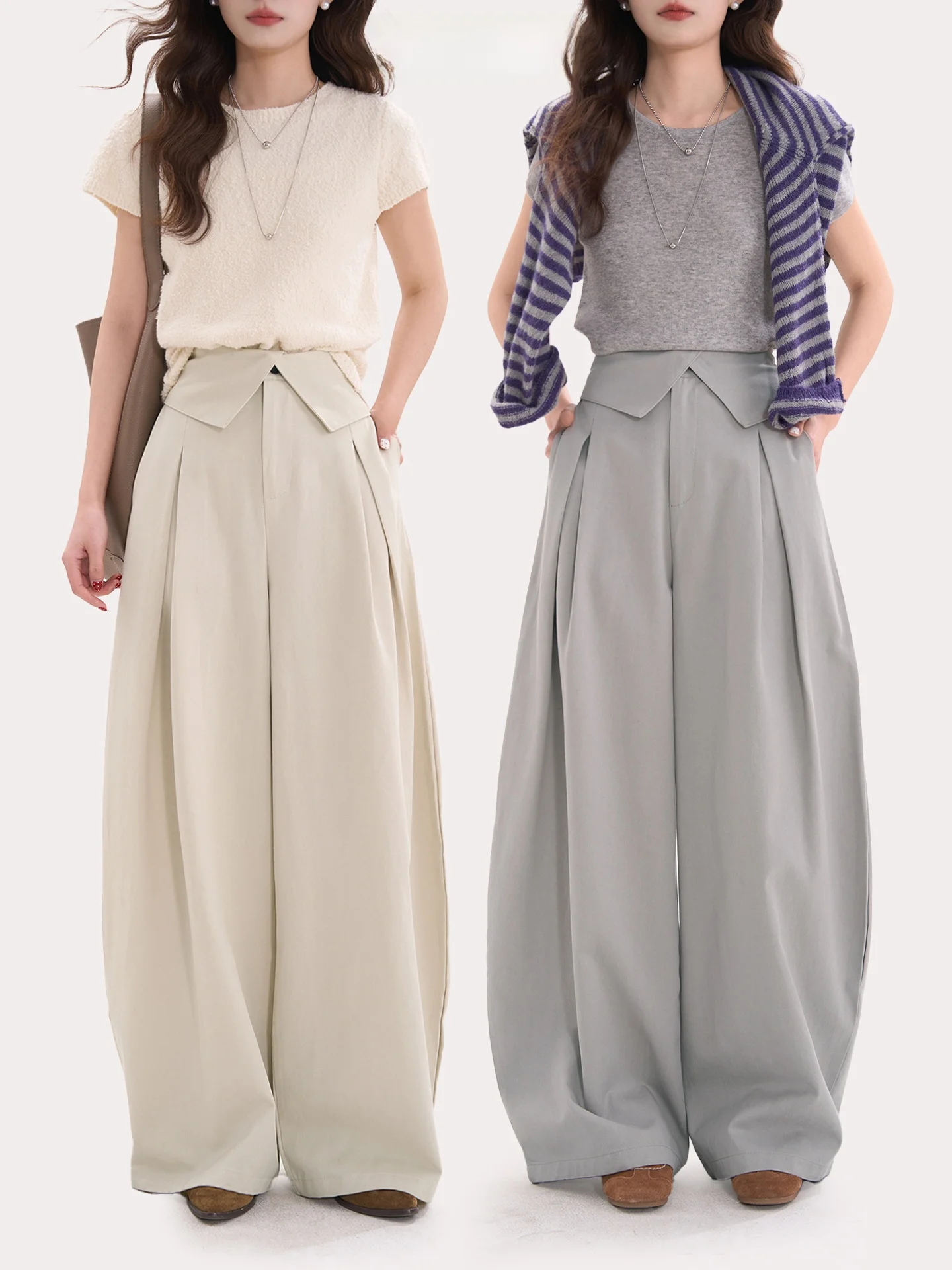 

Свободные широкие повседневные брюки с высокой талией из эластичной смесовой ткани, удобные, весенние, женские, с отворотами, повседневные брюки-чинос