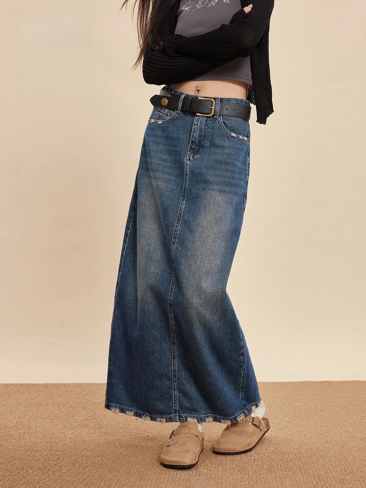 

Waed Denim f-length Skirt Women's Slimming Belted Long Skirt Autumn Season Ba Split Design A-line Cotton Blend Skirt
