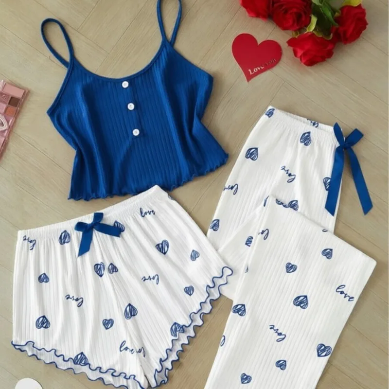 

Heart Print Color Contrast Camisole Pajama 3-in-1 Set Elegant High-end Home Clothes for Daily & Outdoor