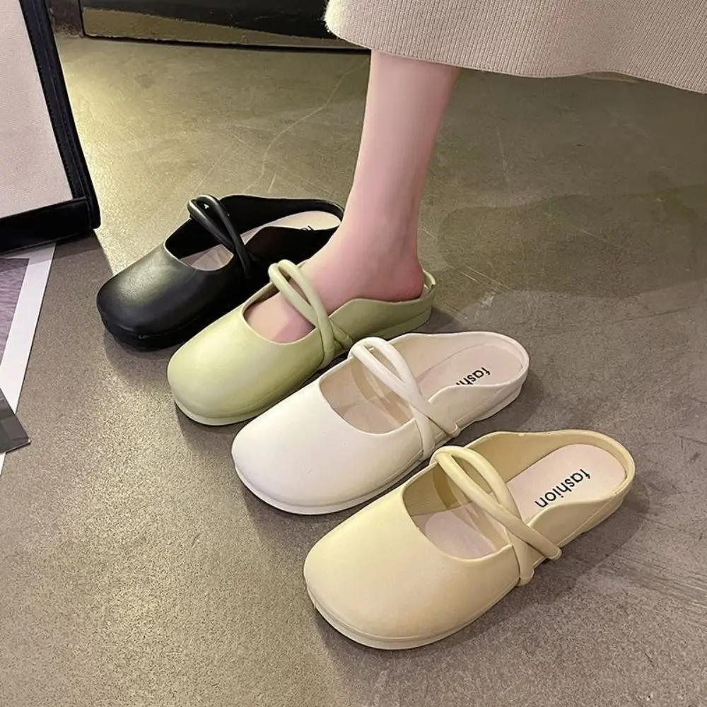 

Korean Style Anti Slip Flat Slippers Women Square Toe PVC Slides Sandals Soft Soled Sweet PU Leather Slippers Summer