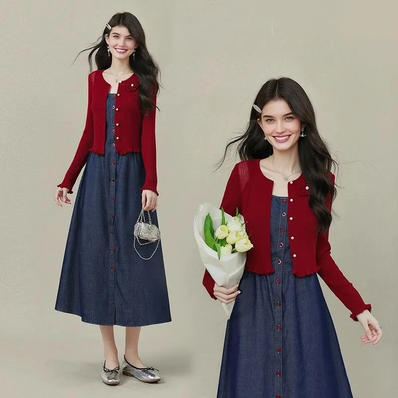 

Women's 2 Piece Set Red Knit Sweater with Denim Jumper Dress Fall 2025 New Long Sleeve Coordinated Outfit Sweet Casual Dresses
