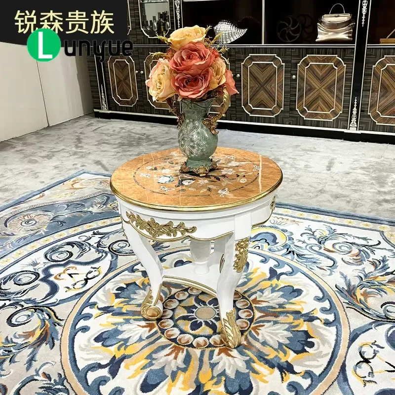 French Solid Wood Small Coffee Table European Luxury Shell Wood Veneer Carved Side Table for Living Room Bedroom Elegant