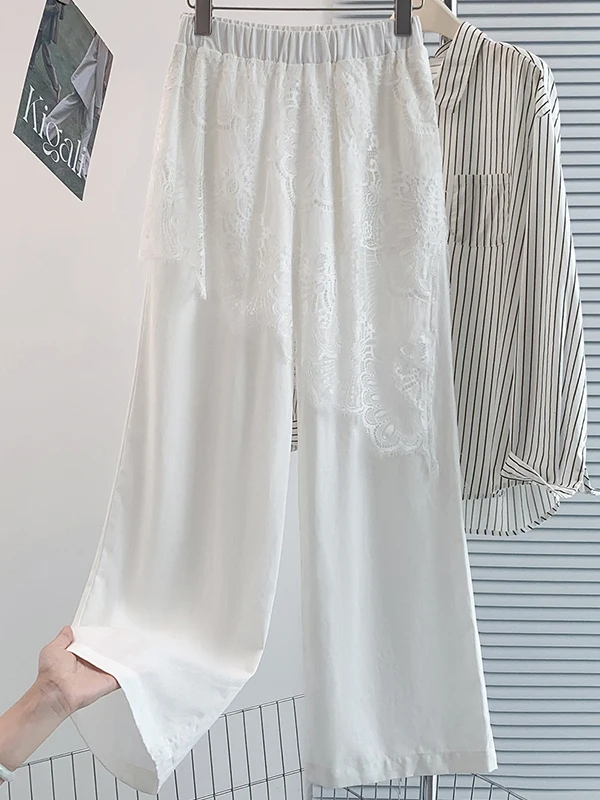 Chic White Lace Pleated Pants Women Summer Thin Hanging Smooth Slim Straight Casual Pants Unique Wide Leg Pants