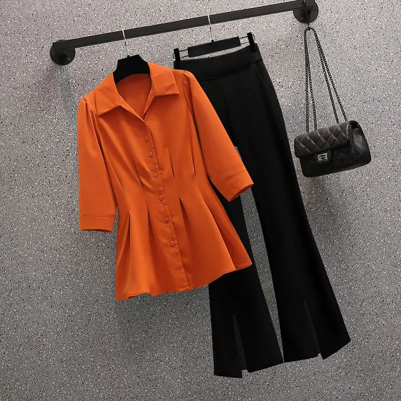 Large Size Women's Set French Minimalist Belly Covering Slimming Shirt Versatile Slit Micro Flared Pants Fashion Two-piece Set