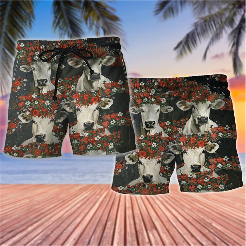 

Funny Cows Graphic Beach Shorts For Men Summer Casual Vacation Surfing 3D Printed Kids Short Pants Retro Breathable Swim Trunks