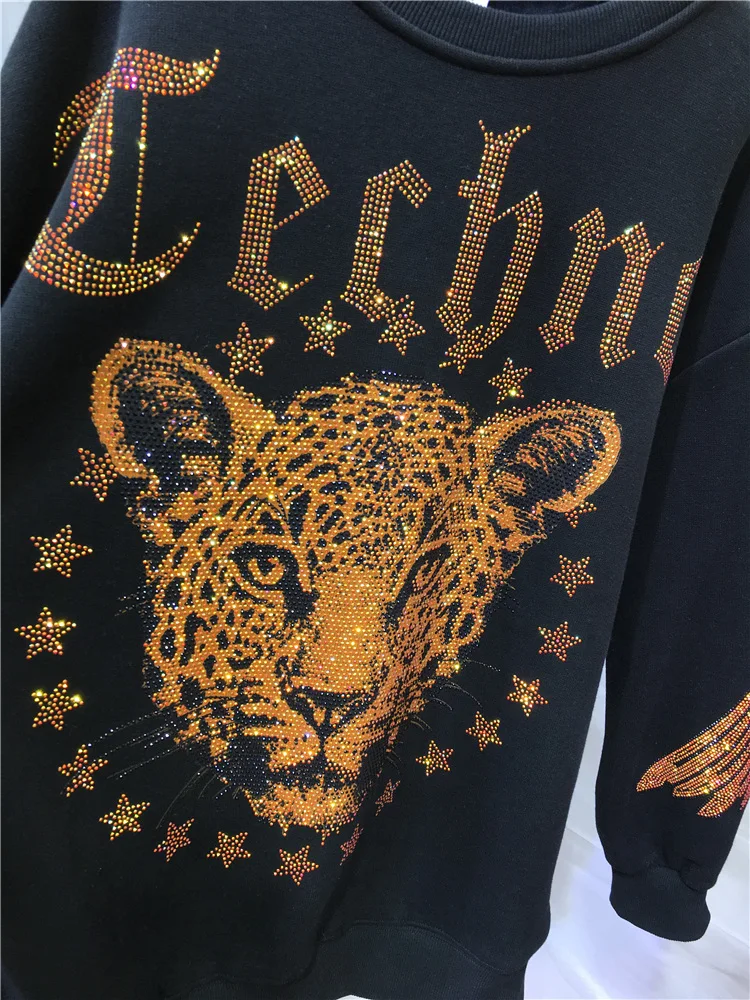 Leopard Rhinestones L-4XL Plus Size Blouse Luxury Brand Sweatshirt for Women Men Spring Autumn Large Sizes Ladies Sweatshirts