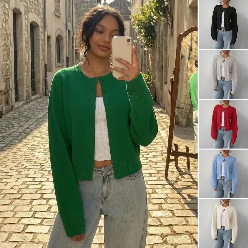 Damen-Kurz-Cardigan-Pullover, Knopfleisten-Strickoberteil mit langen Ärmeln, leichter Pullover mit Rundhalsausschnitt