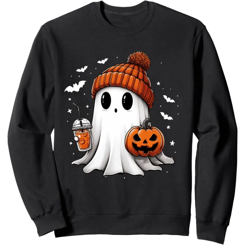

Cute Ghost Drinking Coffee Halloween Ghost Ice Coffee Women's Sweatshirt Loose Large Men's and Women's Styles