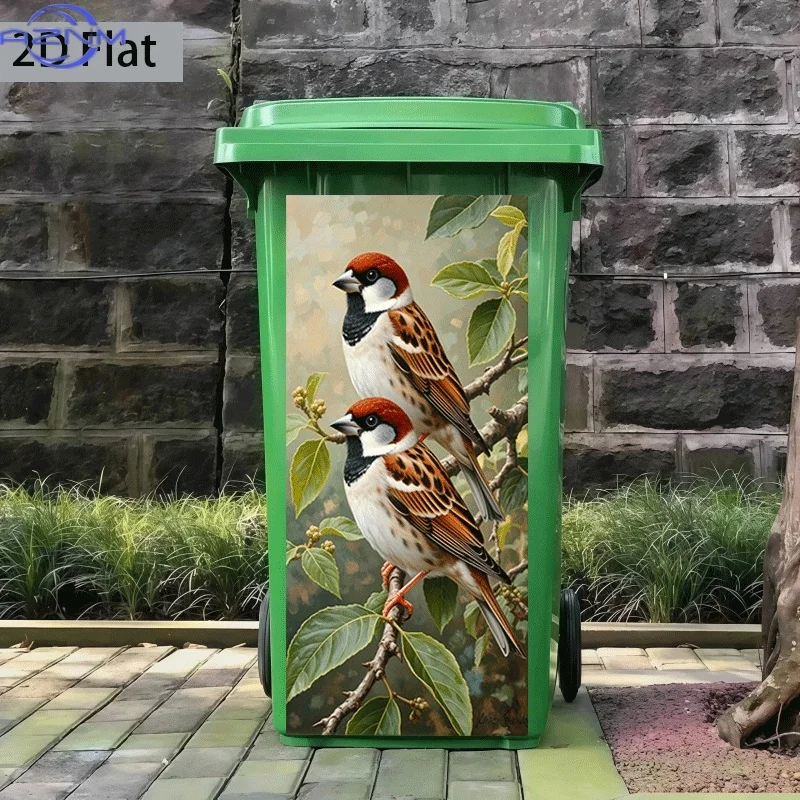 2D Flat Printing 1pc Trash Can Sticker 14.57×32.28inch, Two Sparrows Perching on a Branch Themed Design, Self-Adhesive Wall De