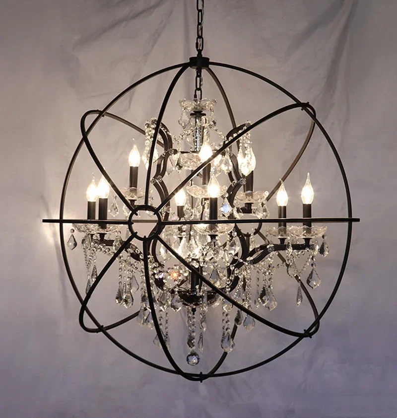 

American retro LED crystal chandeliers round wrought iron living room farmhouse dining room room decoration birdcage chandeliers