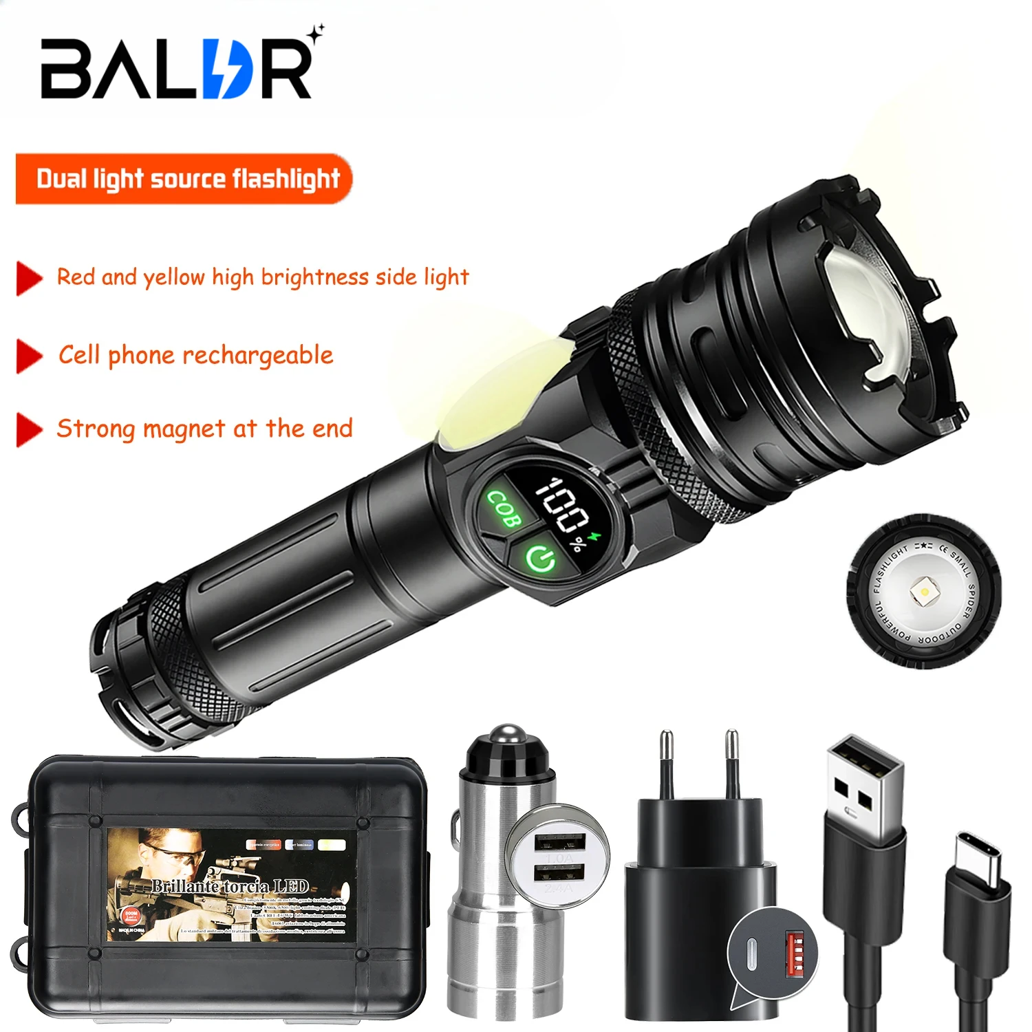 Powerful 60W LED Flashlight USB Rechargeable Zoomable Emergency Torch Super Bright Spotlight Long Range Tactical Camping Lantern