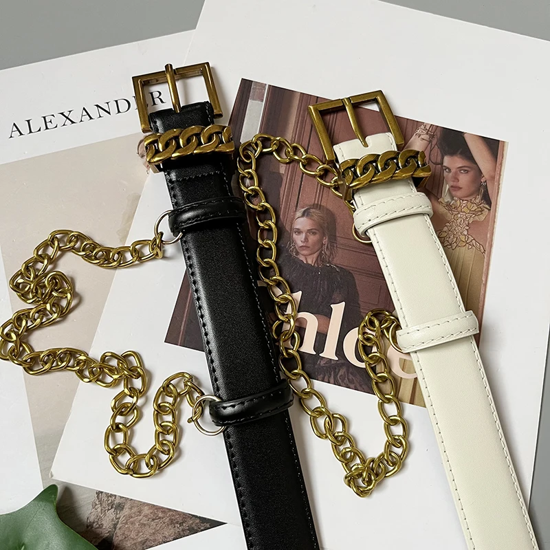 レディースファッション本革ゴールドチェーンウエスト装飾ベルトドレスカジュアルパンツ付き