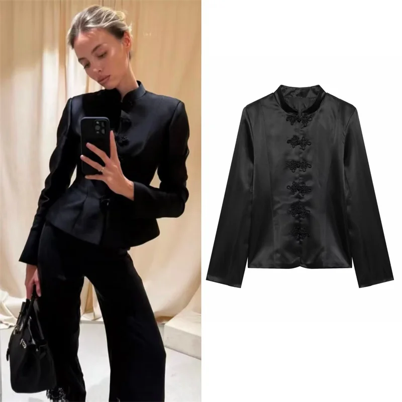 Guobioziy 2026 Fall New Women's Jacket Black Long-Sleeve Stand Collar Blazer with Main Button Decoration Elegant and Stylish