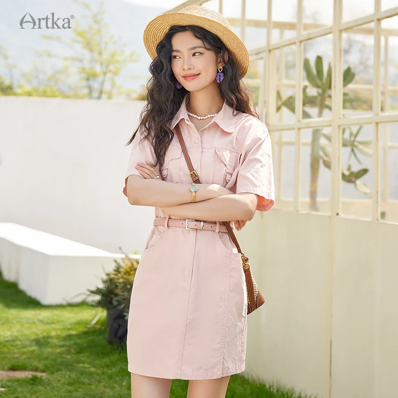 ARTKA 2023 Summer New Women Dress Fashion Casual Safari Style Shirt Dresses Short Sleeve High Waist Dress With Belt LA92237X