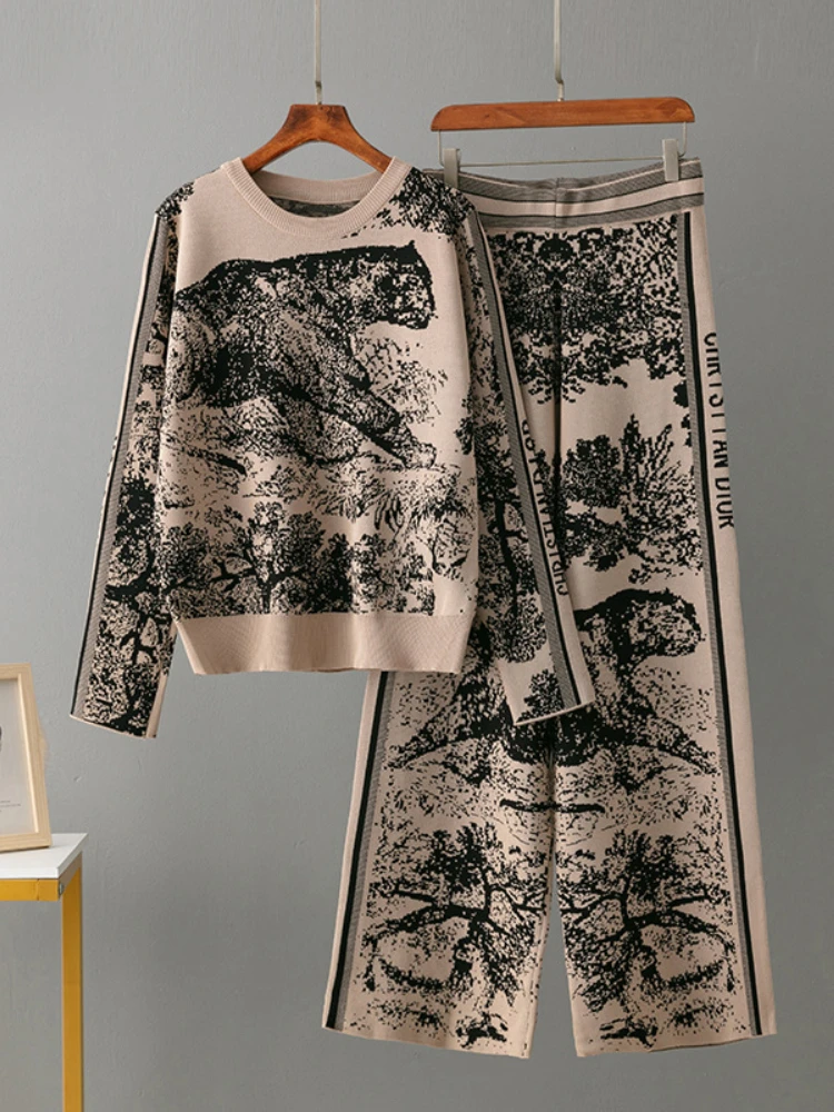 Fashion 2 Pieces Set Knitted Animal Print Elegant Casual Sets Women O-Neck Long Sleeve Knitwear+Wide Leg Long Pants