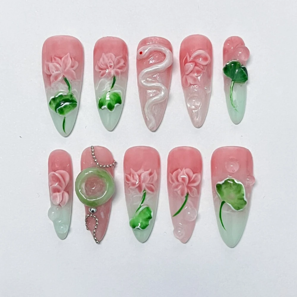 10Pcs Handmade Manicure Medium Almond Fake Nails New 3D Lotus Limited Nails Press On Nails Design with Adhesive Nail File Set