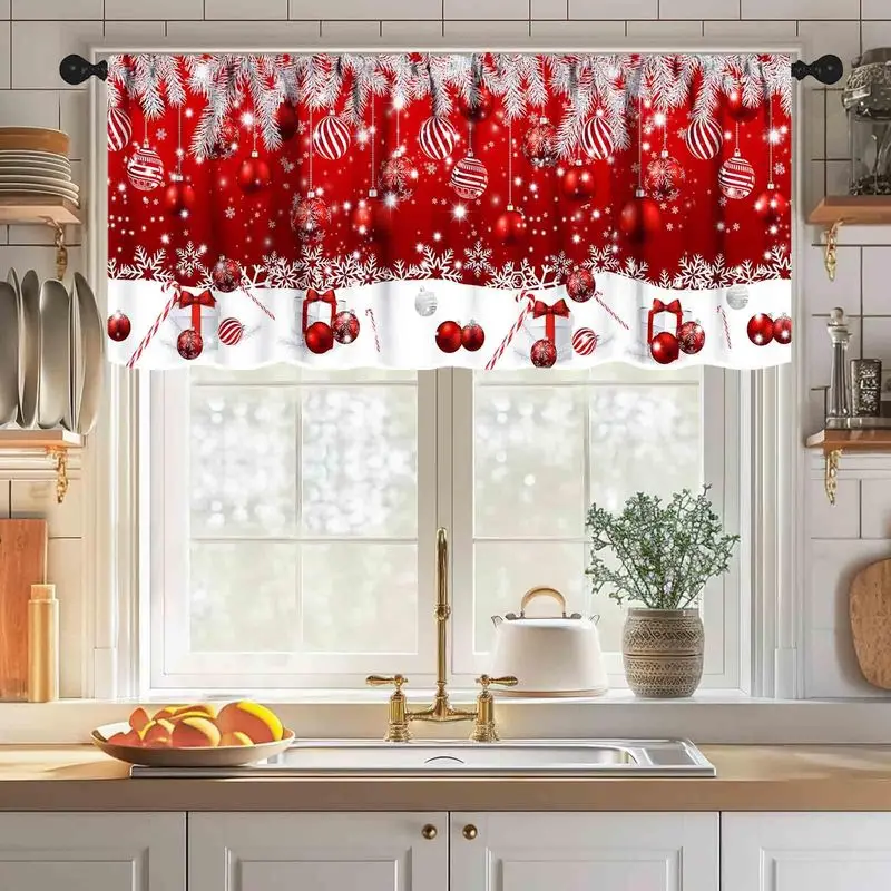 VIKAMA Christmas Window Valance Barn Door Xmas Tree Gift Snowman Buffalo Plaid Kitchen Holiday Window Curtain Decor