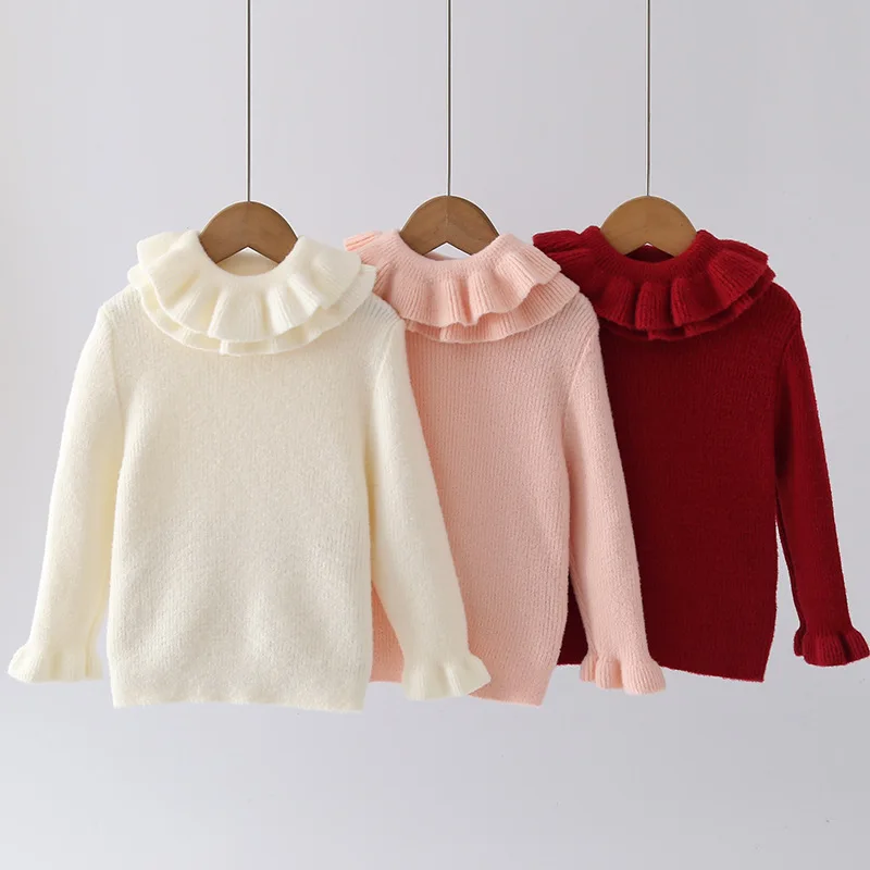 New Brand Designer Double Ruffle Collar Girls Knit Sweater Nice Flared Cuffs Long Sleeve Solid Girls Children Base Shirt JY09202