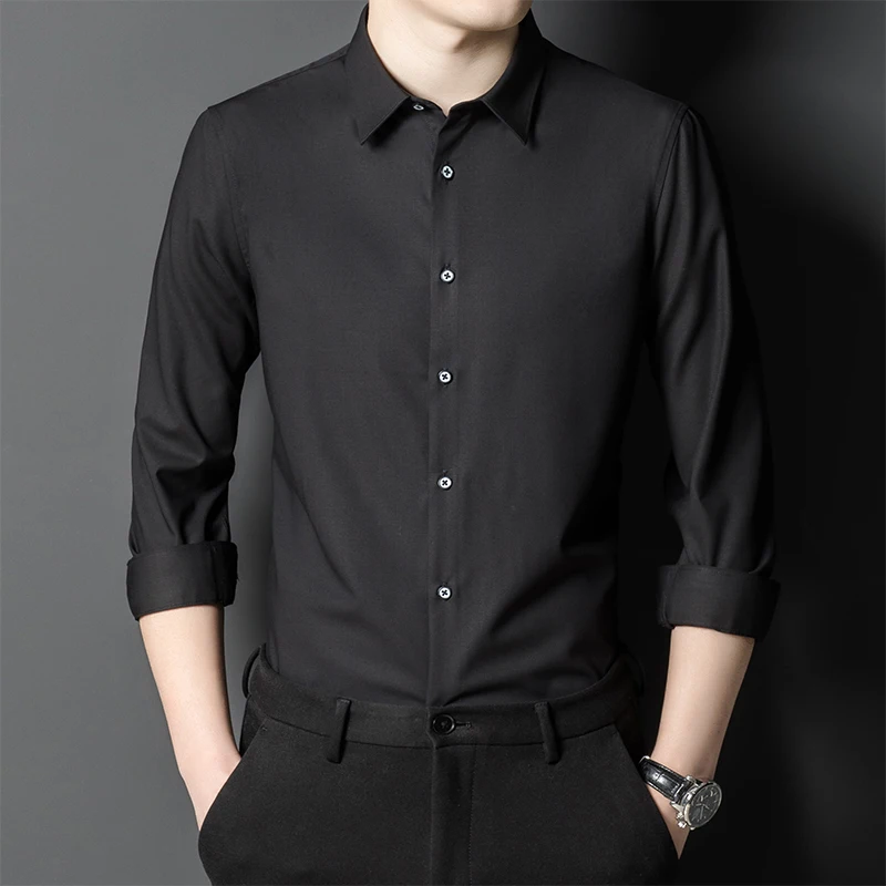 Bamboo Fiber Solid Color Men\'s Shirt Long-Sleeved Breathable Comfortable Anti-Wrinkle Casual Fashion Business Formal Shirts