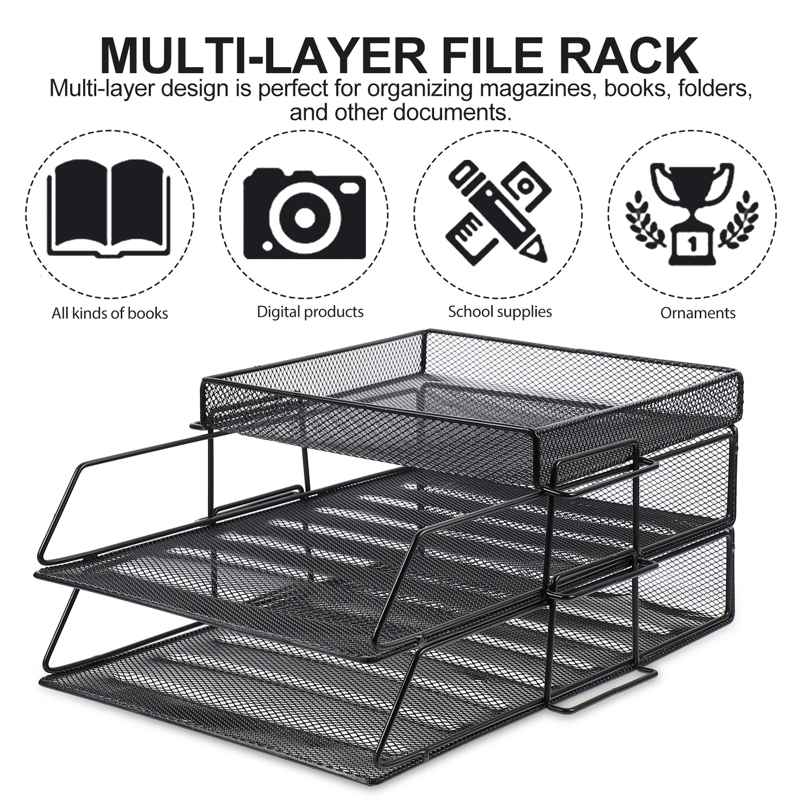 1 قطعة رف متعدد الطبقات شبكة معدنية سوداء منظم مستندات سطح المكتب تخزين الرف انفصال حامل الملفات مكتب وثيقة فرز