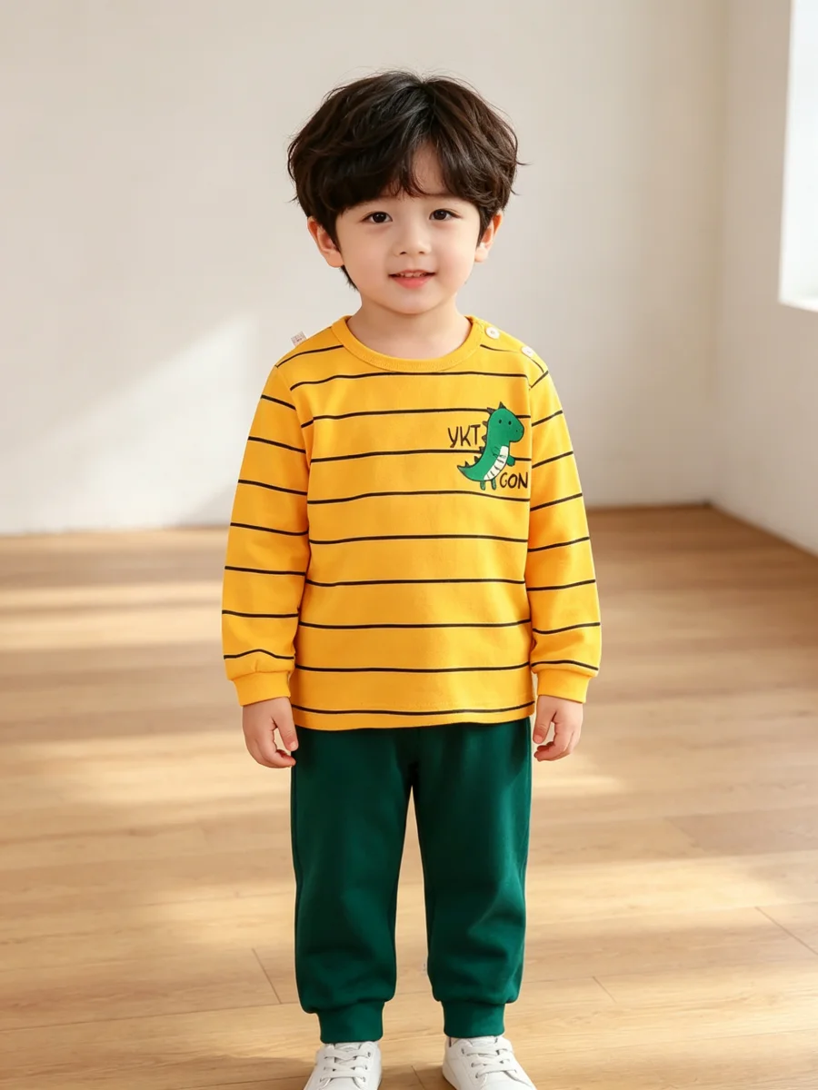 Autumn Kids Set Dinosaur Cat Cartoon Print Long Sleeve Top+Cuffed Jogger Pants 2Pcs Clothes Boys Girls Soft Cotton Suit