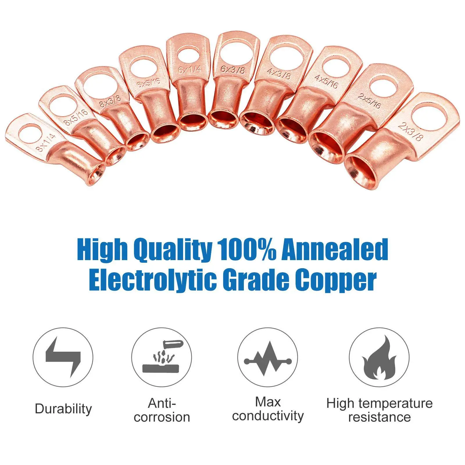 AWG American Standard Terminal 50Pc Copper Nose American Standard Trumpet Lug Battery Cable Closed End Bare