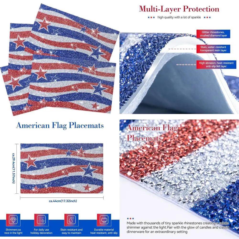 

Набор из 4 патриотических салфеток на 4 июля с блестками и стразами, 12x18 дюймов