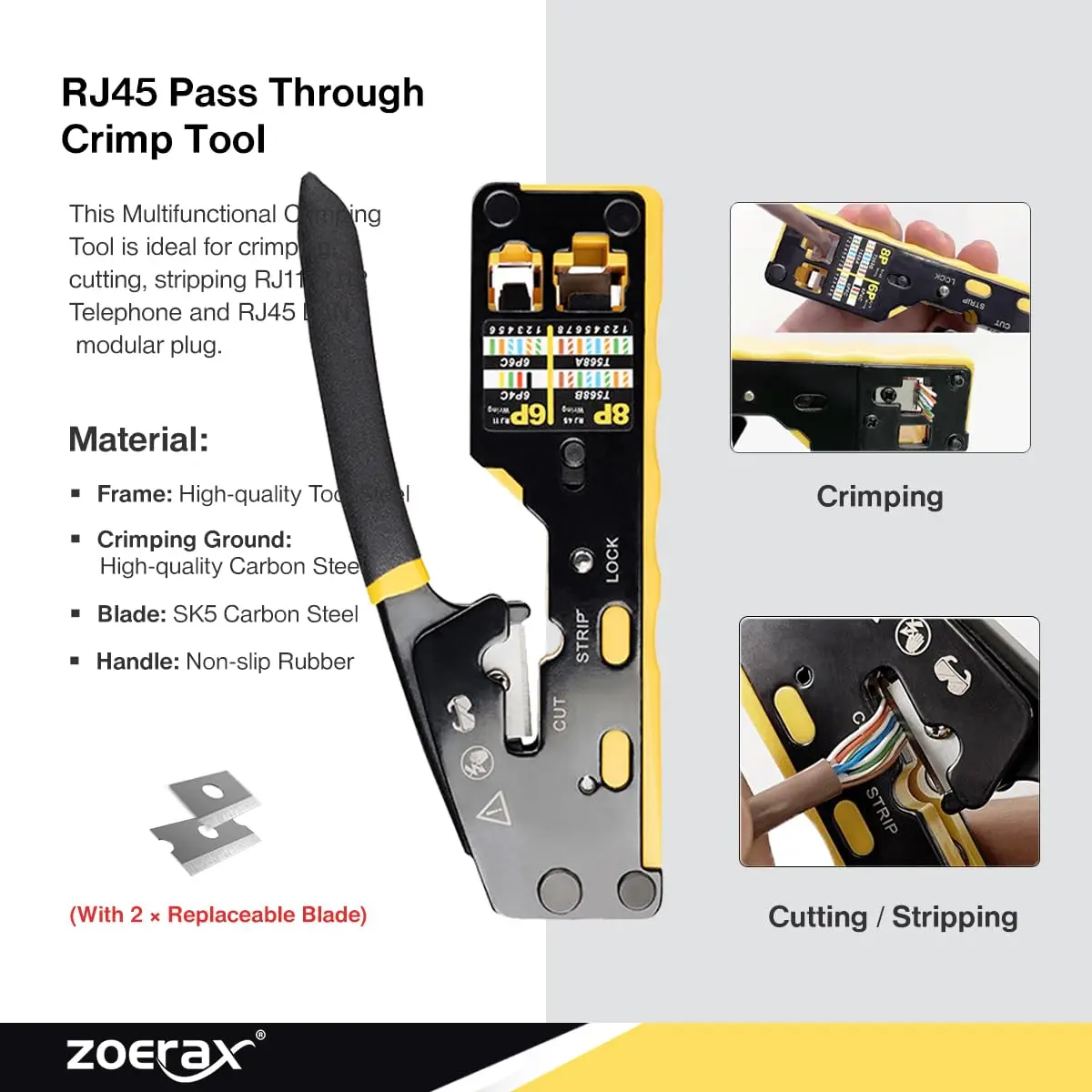 Imagem -02 - Zoerax Professional Network Tool Kit em Rj45 Crimp Tool Kit Pass Through Crimper Tester Rj45 Punch Down Stripper