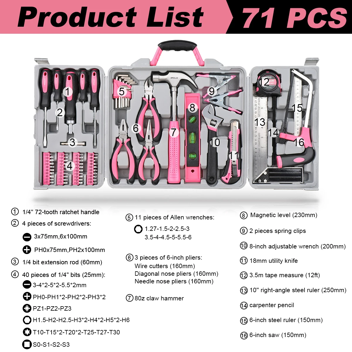 pink 35/56/67/71pcs household hand tool set, hardware kit, household tool set, Industrial tool set Automotive maintenance tools