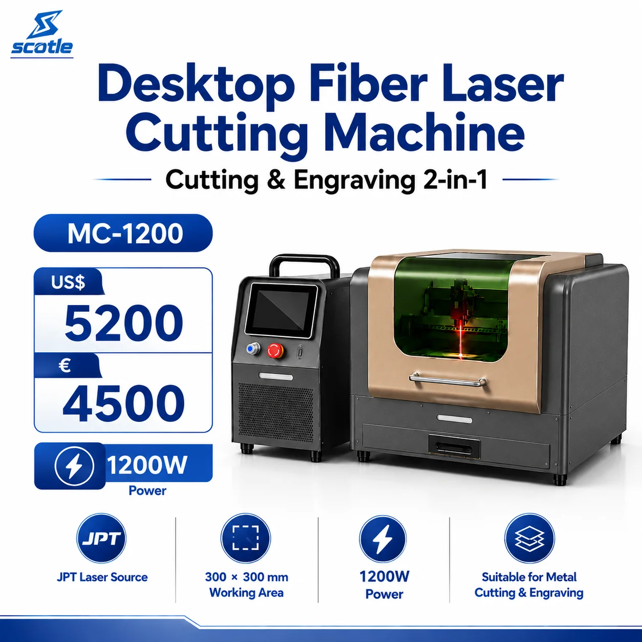 1200W/800W Desktop Fiber Laser Cutting Machine JPT Laser source Cutting & Engraving 2-in-1 Suitable For A Variety Of Metal Materials