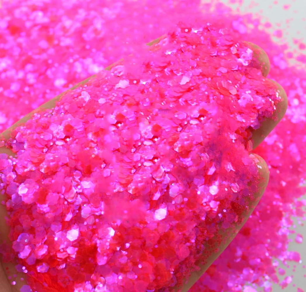 Neon Pink Glitter Hex Mix 1mm/.2mm/2.5mm *50g./bag* Iridescent Chunky Polyester Glitter, Hot Pink Glitter, Neon Pink Glitter