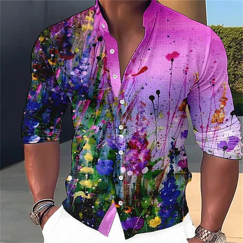 

Men's Printed Long-Sleeve Shirt, Fashionable Street Style, Designer Style, Outdoor Casual, Yellow, Blue, Purple, Green, Gray