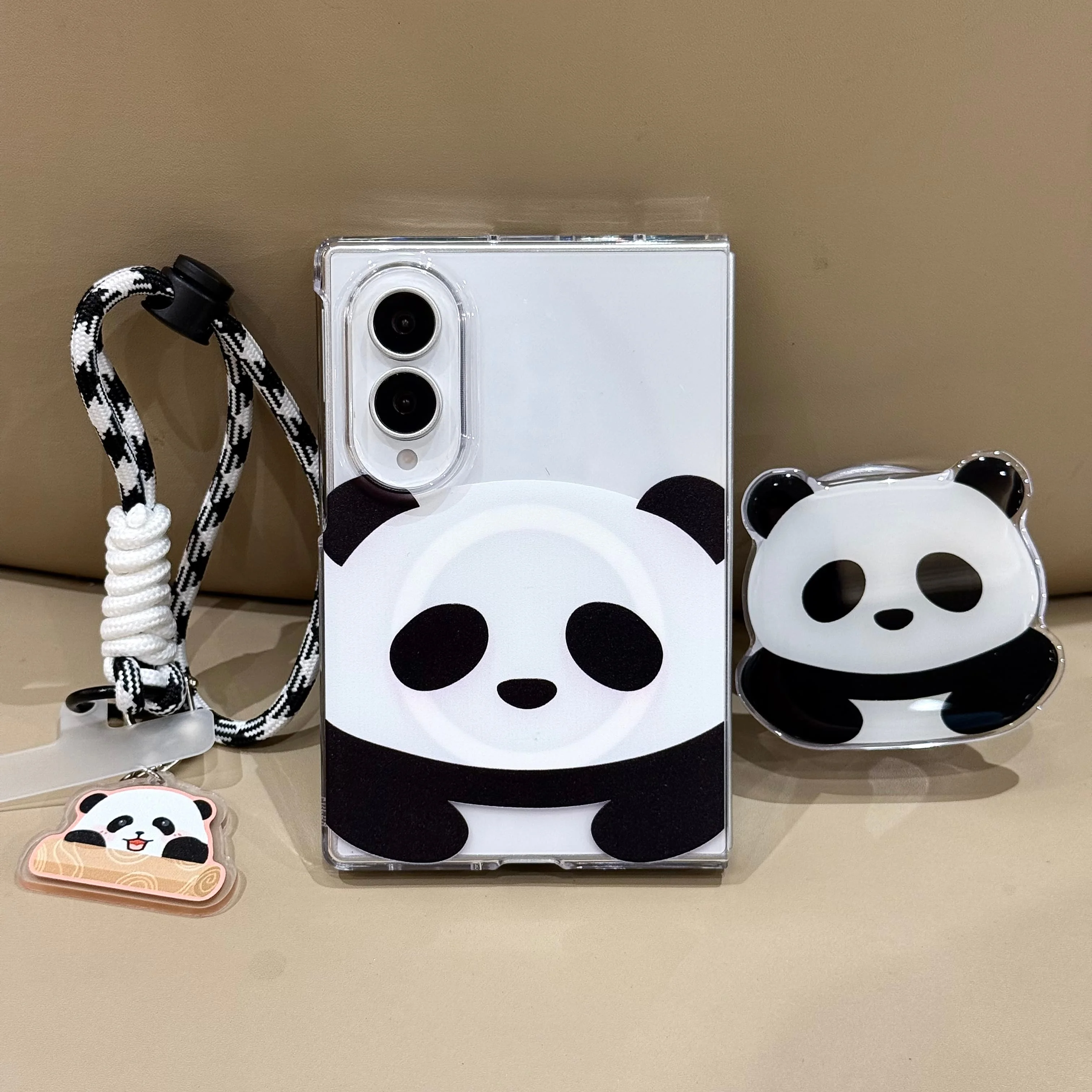 Cute Cartoon Panda Magnetic Phone Case For Samsung Galaxy Z Fold 8 7 6 5 4 Fold 8 Ultra With Panda Stand Braided Wrist Lanyard
